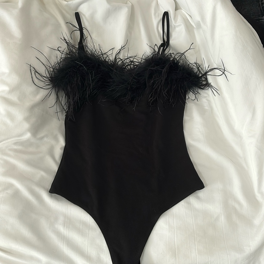 Black fuzzy body suit